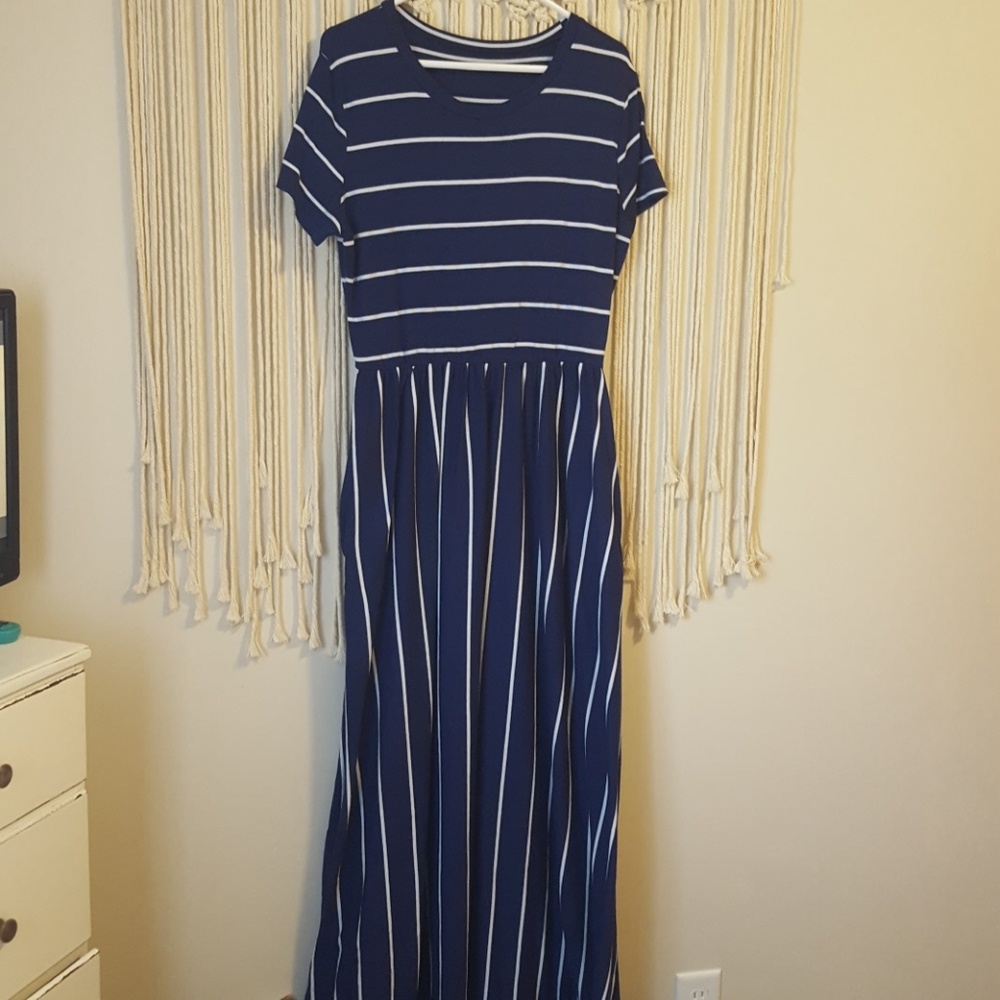 Navy blue striped maxi dress